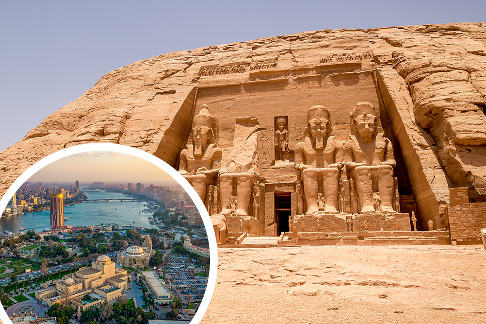 Templos de Abul-Simbel e cidade do Cairo